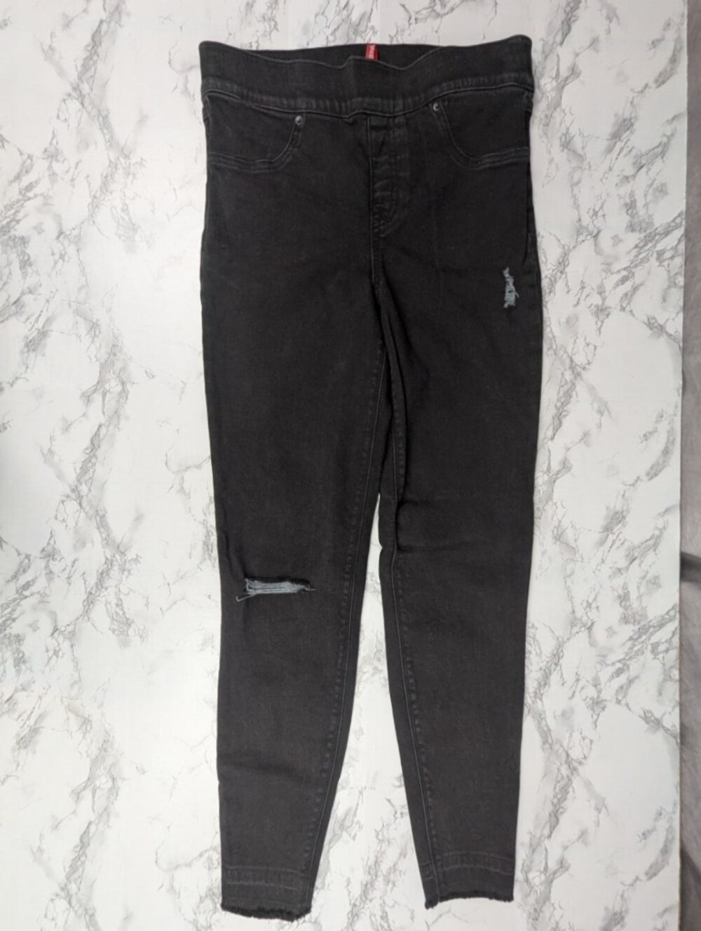 SPANX Distressed Denim Leggings High Rise Black Skinny Jeans Raw Hem Size M